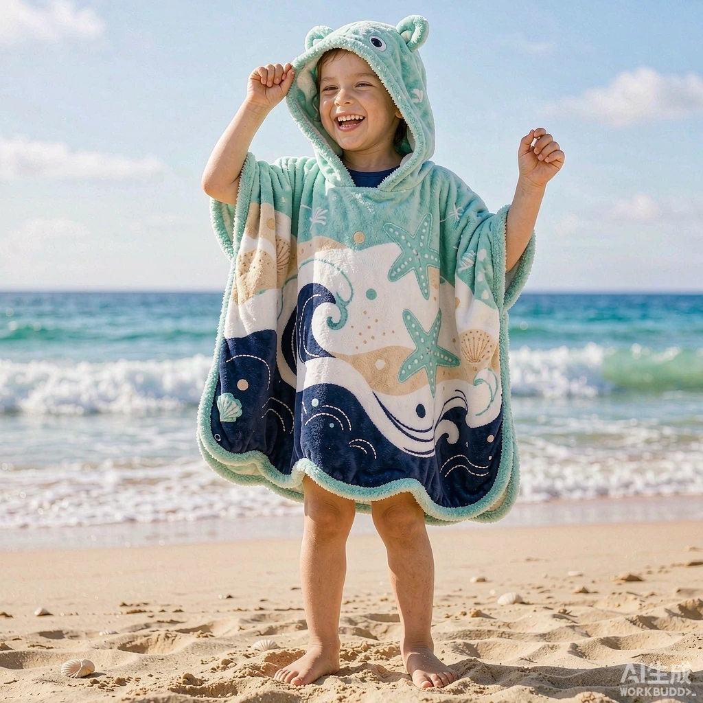Kids Hooded Velvet Poncho Beach Towel